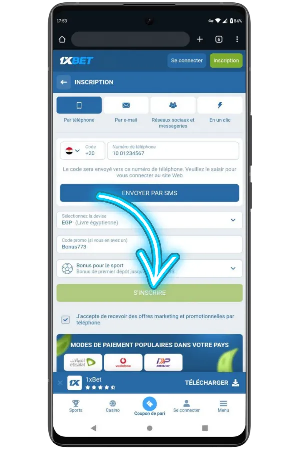 confirmation d'inscription 1xBet